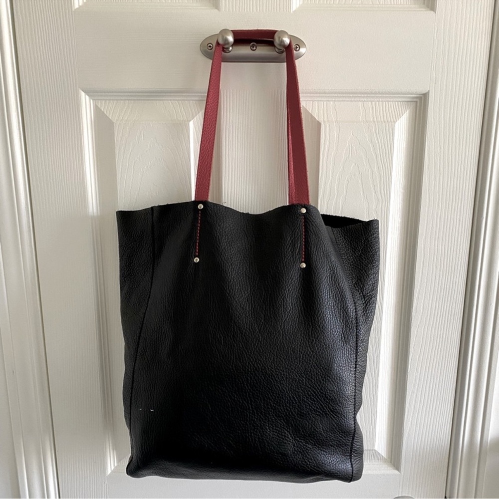 Roots Black Leather Tote with Red Handles